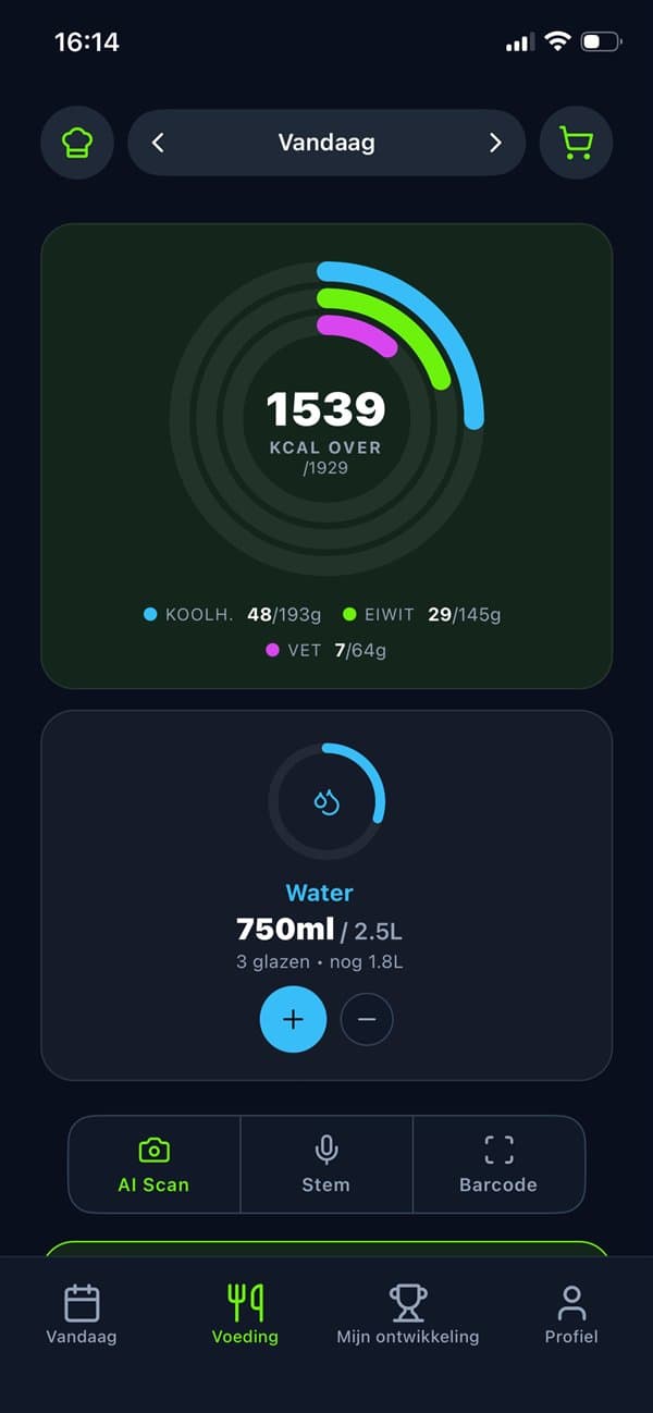 GYST2 dashboard met dagelijkse calorieën en macro’s